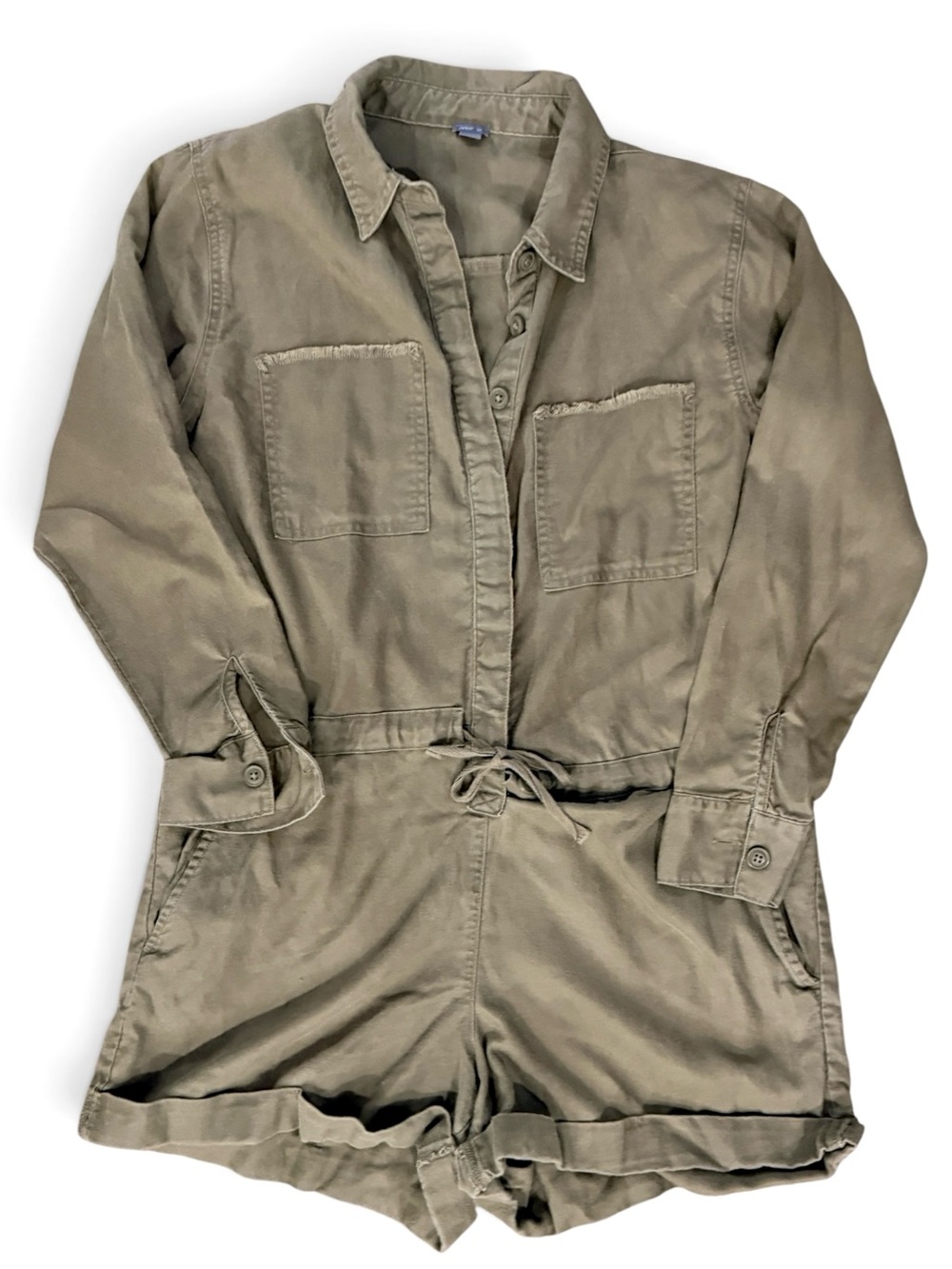 Aerie Olive Utility Romper Tie Waist Button Front Pockets Small